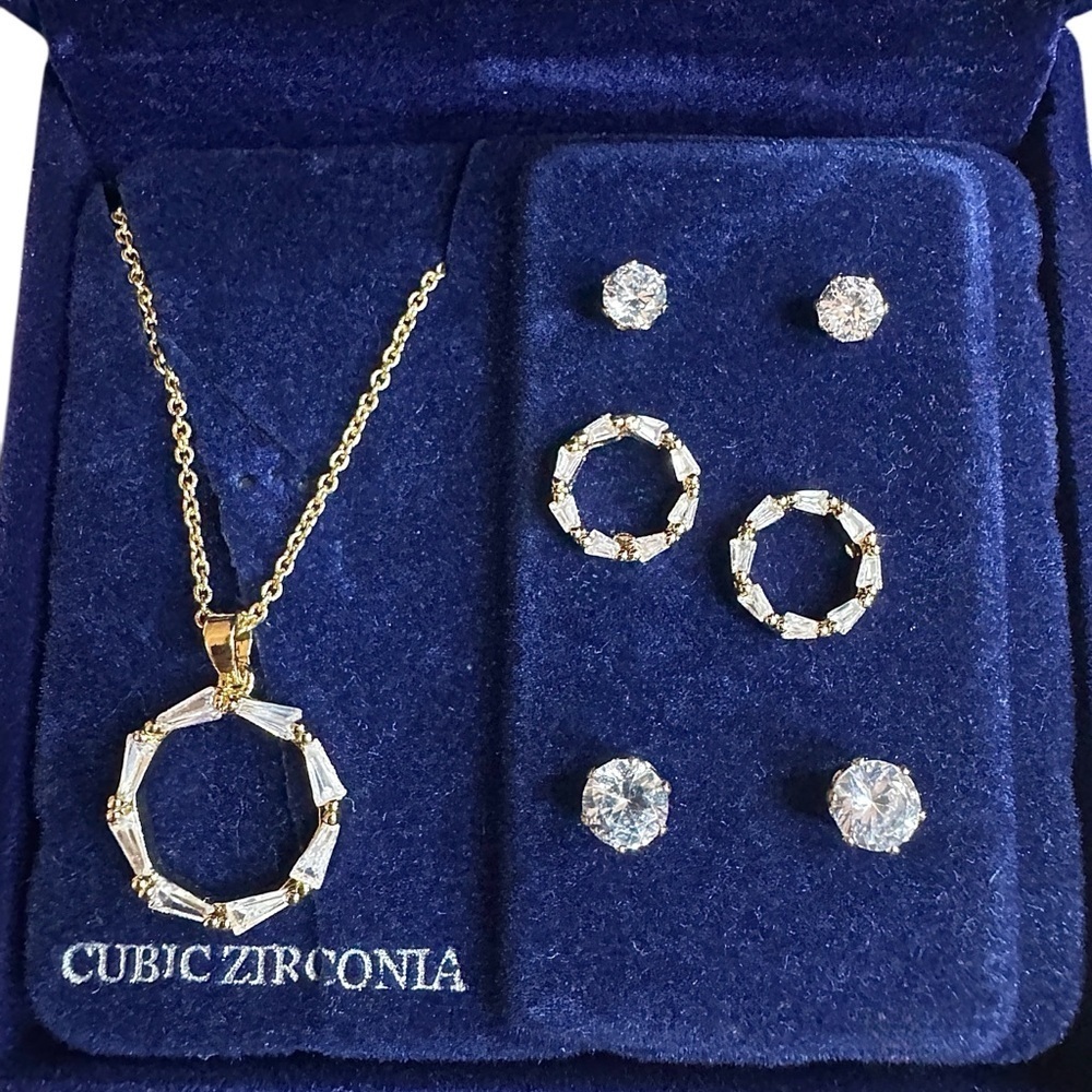 Danecraft Cubic Zirconia Circle Pendant & 3 Pair Stud Earring Set - Picture 4 of 15